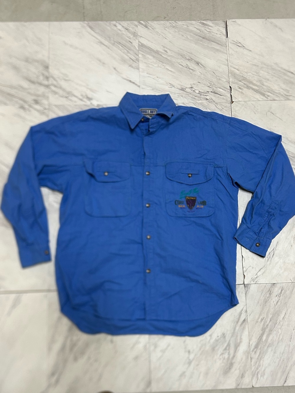 vintage 80s bugle boy embroidered blue button up